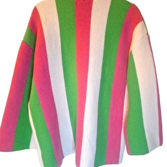 Jascls pink green striped thick knit colorblock cardigan sweater One size - Picture 2 of 5